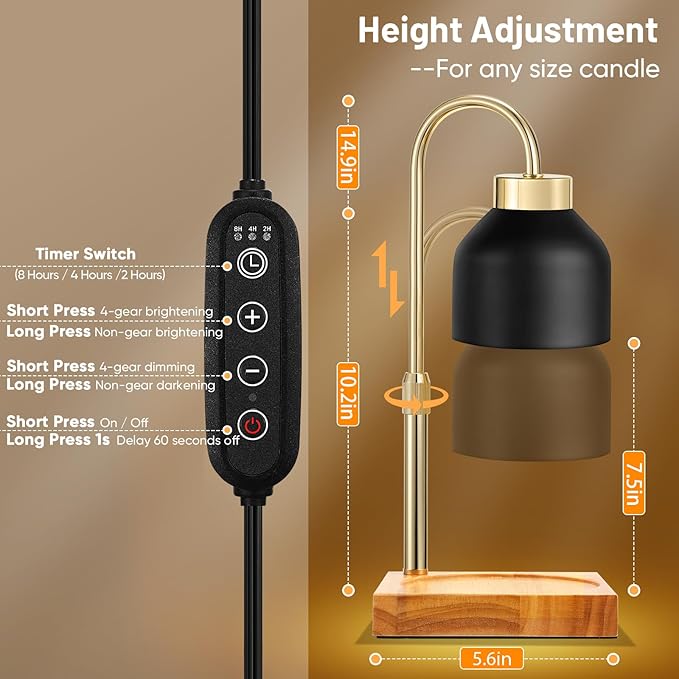 Candle Warmer Lamp, Adjustable Height Candle Lamp Warmer with Timer, Electric Dimmable Wax Melt Warmer for Jar Candles with 2 Bulbs, Gifts for Mom, Bedroom Home Decor Aesthetic (Black)