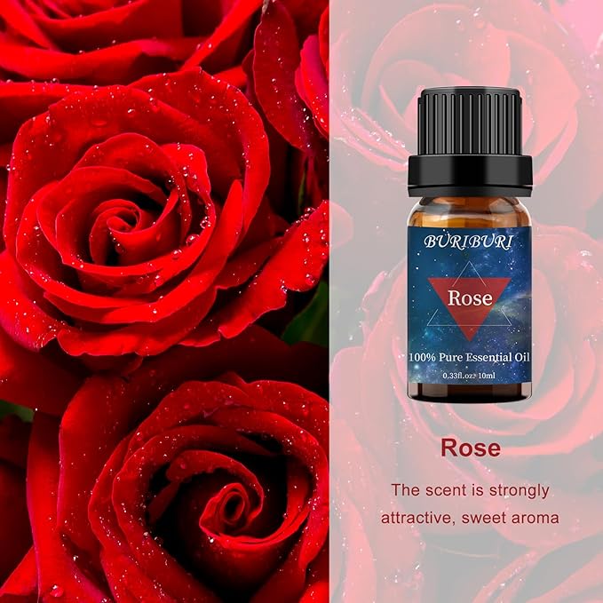 BURIBURI Rose Essential Oil for Diffuser, Massage, Soap, Candle, Perfume Making - 100% Pure, Undiluted, Natural, Organic Aromatherapy - 10ml - Romantic Rose Scented Oil for Women