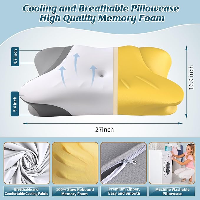 Cervical Neck Pillow - Cooling Pillow for Neck Pain Relief, Ergonomic Side Sleeper Pillow for Sleeping, Contour Memory Foam Pillows for Neck Support, Orthopedic Bed Pillow for Back Sleepers (White)