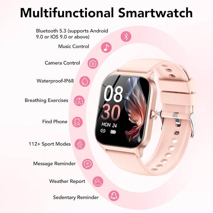 Smart Watch for Men Women, 1.85" HD Fitness Tracker with Bluetooth Calls/Messages, IP68 Waterproof, 115+Sports Modes, 24/7 Heart Rate/Sleep Fitness Watch Compatible with iOS/Android, Lotus Root Pink