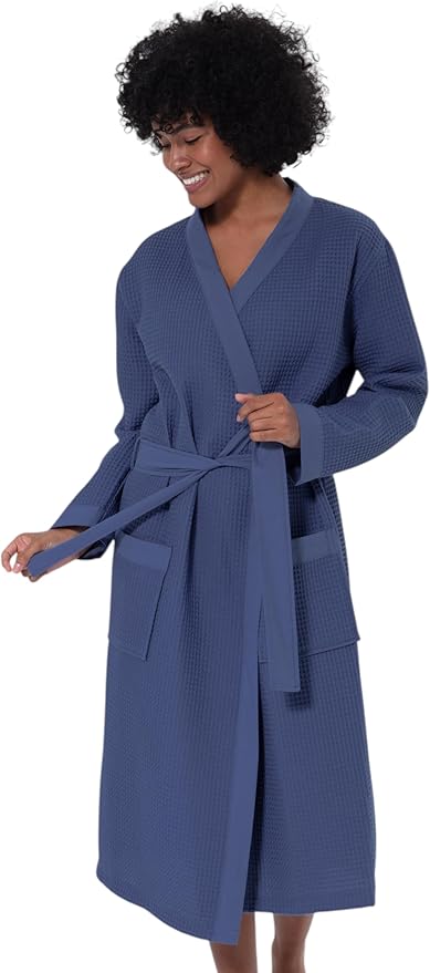 SEYANTE Women’s Luxury Waffle Shawl Collar, Hooded Robe w Piping – Lightweight, Long, Ultra Soft Spa Sleepwear Bathrobe