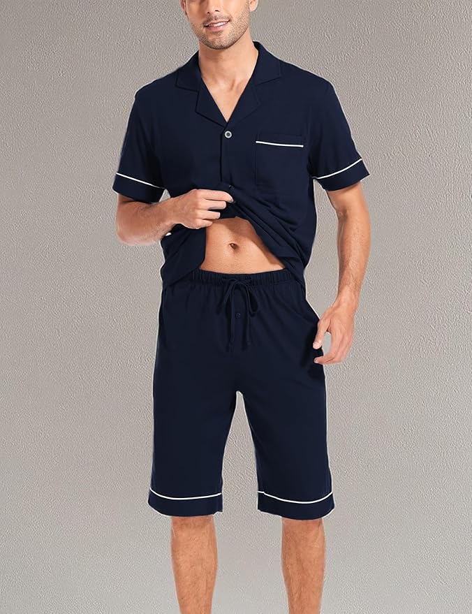 COLORFULLEAF Men's 100% Cotton Short Sleeve Pajama Sets Button Down Notched Collar Sleepwear Soft Lounge Pjs with Pockets