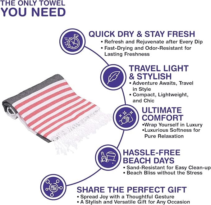Oversized Turkish Beach Towel 38’’x71’’ - Set of 6 | 100% Turkish Cotton Lightweight Sand Free Quick Dry Pool Towels | Extra Large Bath Towels for Adults Beach Blanket Essentials