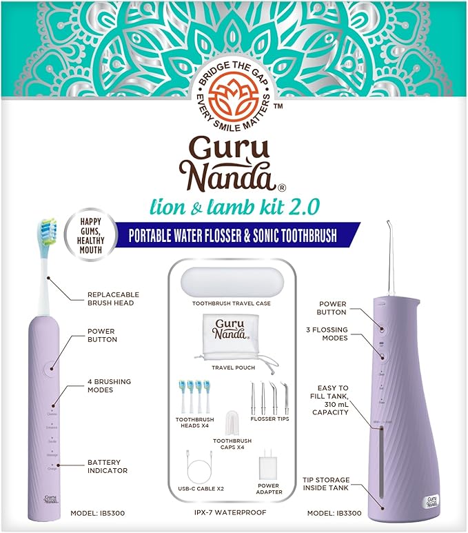 GuruNanda Lion & Lamb Kit 2.0, Electric Toothbrush with Water Flosser Combo, 4 Jet Tips, 4 Brush Heads, & IPX7 Waterproof Design for Complete Oral Care, Lavender