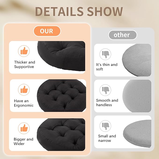Meditation Floor Pillow, Round Floor Cushions for Adults, Button Tufted Seat Cushions for Yoga Tatami Living Room, Black, 22 x 22 x 4 in