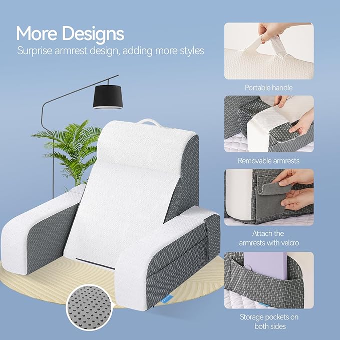 Kayfia Reading Pillow, 10 in 1 Back Pillow for Bed Sitting up with Detachable Arms Rest, Back Rest Pillow with Gel Memory Foam, Husband Pillow for Reading/Gaming/Working in Bed or Couch 19", White