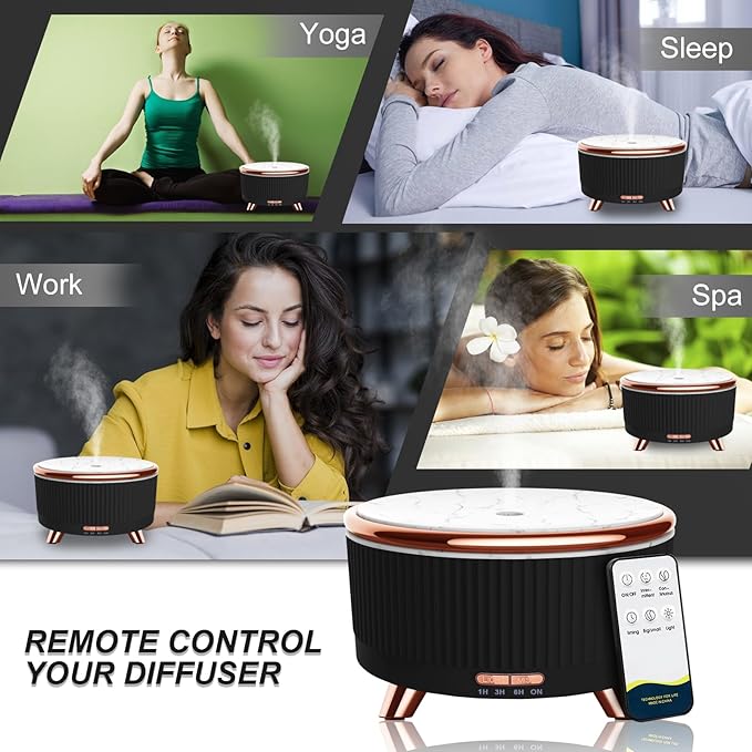 Diffusers for Essential Oils Large Room, 500ml Aromatherapy Diffuser Cool Mist Humidifier with Remote Control,7 Colors Lights & 3 Mist Mode Waterless Auto Off for Women Office Home Black