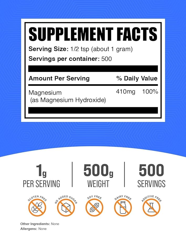 BulkSupplements.com Magnesium Hydroxide Powder - Magnesium Hydroxide Supplement - Food Grade & Gluten Free, 1g per Serving, 500g (1.1 lbs) (Pack of 1)