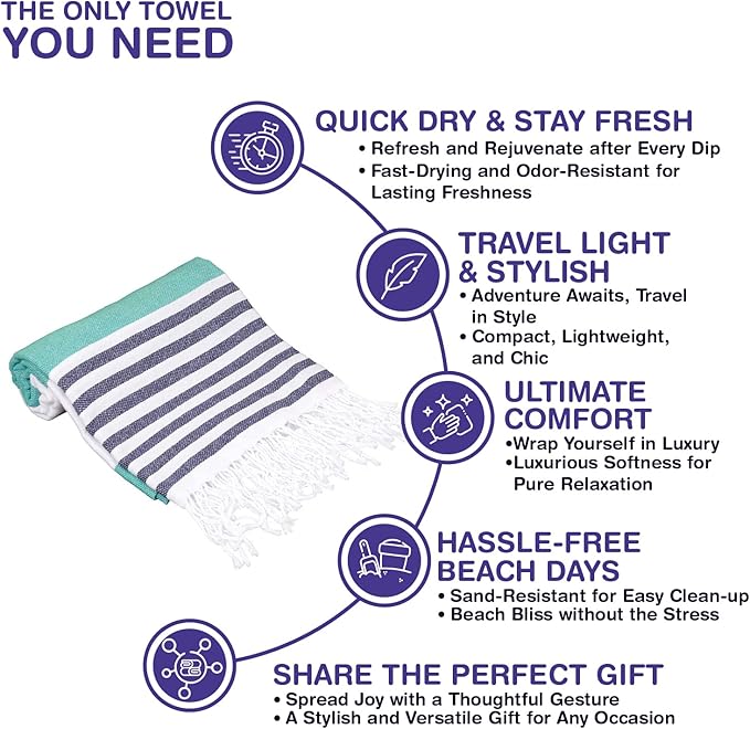 Oversized Turkish Beach Towel 38’’x71’’ - Set of 2 | 100% Turkish Cotton Lightweight Sand Free Quick Dry Pool Towels | Extra Large Bath Towels for Adults Beach Blanket Essentials