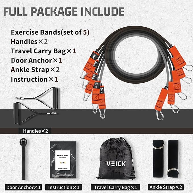 VEICK Resistance Bands, Exercise Bands for Working Out with Handles, Elastic Workout Bands for Men Women, Exercising Bands for Strength Training Equipment at Home Gym