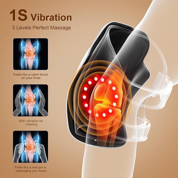 Knee Massager with Heat, Smart Knee Massager with 3 Vibration Modes and 3 Heating Levels, 3-in-1 Cordless Design, Touch LED Screen, Adjustable Straps, Gift for Men and Wome