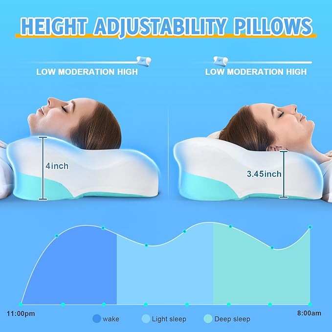 Cervical Neck Pillows with Memory Foam - Ergonomic Neck Support Pillows for Pain Relief Contour Memory Foam - Adjustable Orthopedic Bed Pillows with Cooling Pillowcase for Sleeping - Green