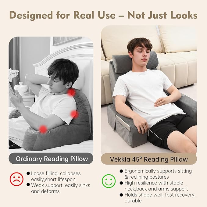 Vekkia 21" Reading Pillow with Arms and Headrest – Tall Back Support Cushion for Adults, Multi-Density Foam, Removable Cover & XL Side Pockets – for Reading, TV & Gaming in Bed & Floor 21"(Grey)