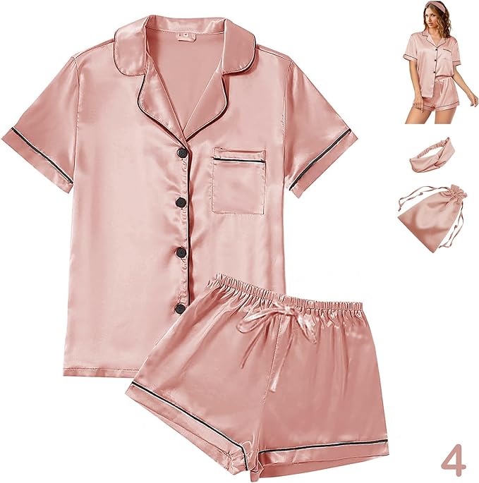 4Pcs Womens Satin Silky Pajama Sets Short Sleeve Shirt XS-4XL Floral Pajamas Set Soft PJ Loungewear Sleepwear