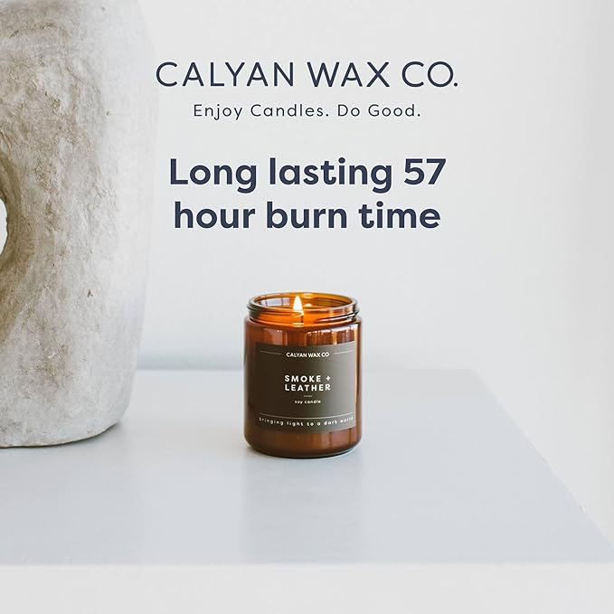 Calyan Wax Co. Soy Wax Candle, Smoke + Leather Scented Candle, 57 Hour Burn Time, Aromatherapy Soy Candles, Non Toxic & Vegan Soy Wax, Amber Glass Jar Scented Candles, 7.2oz