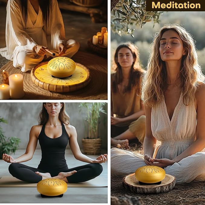 Facmogu 6 Inches 11 Notes Steel Tongue Drum, Handpan Drum Sound Healing Instruments for Meditation, Musical Education, Yoga, Zen, Hand Drum with Bag Mallets Finger Picks Music Book Stickers - Gold