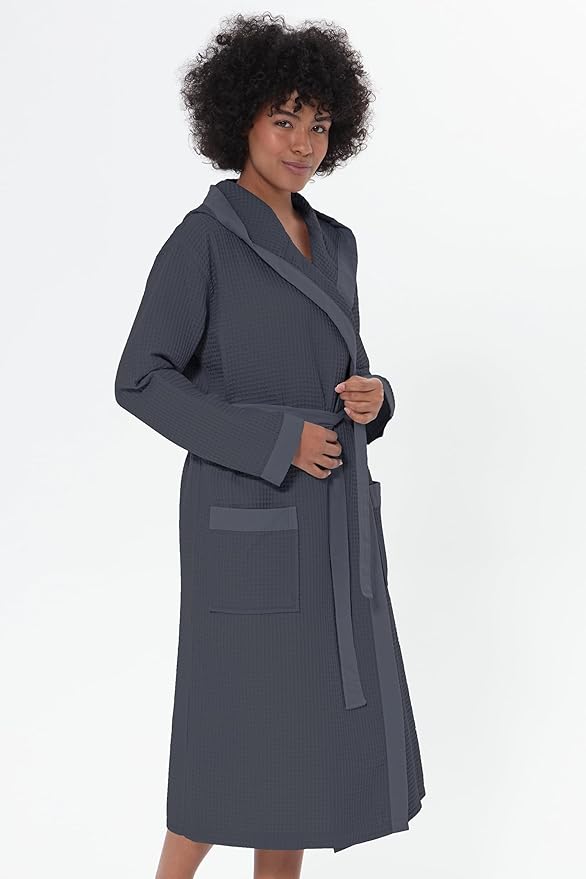 SEYANTE Women’s Luxury Waffle Shawl Collar, Hooded Robe w Piping – Lightweight, Long, Ultra Soft Spa Sleepwear Bathrobe