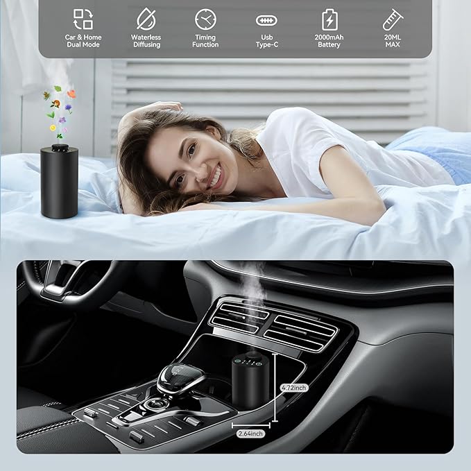 Waterless Essential Oil Diffuser for Home Battery Operated Cordless Scent Diffuser with Timing & 3 Mist Levels car Diffuser,Black Aluminum Alloy