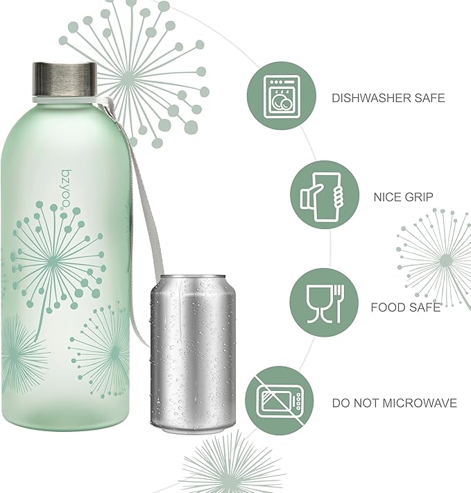 bzyoo 32oz 1 Liter Clear Water Bottle with Time Marker, Dandelion Design, Durable Plastic, BPA-Free, Reusable with Measurement Markings for Fitness and Outdoor Activities (Color: Green)
