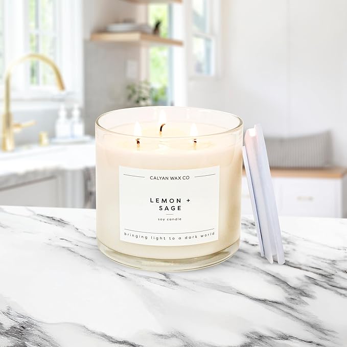Calyan Wax Co. 3 Wick Candle, Lemon + Sage Scented Candle, 43 Hour Burn Time, 3 Wick Soy Candles, Non Toxic & Vegan Soy Wax, Glass Jar Scented Candles, 14.9oz