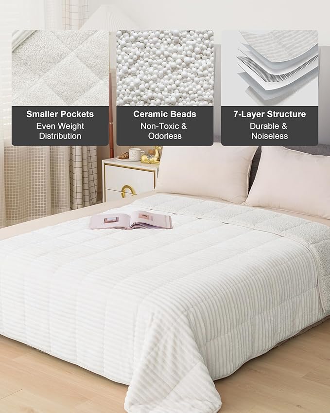Sherpa Fleece Weighted Blanket with Ribbed Stripes for Adults, 15 lbs Dual Sided Cozy Warm Blanket for Couch Full Size Bed, Ceramic Beads Heavy Thick Blankets Great for Sleep, White, 60" x 80"