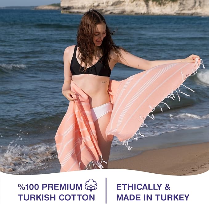 Turkish Beach Towels, Pack of 4 | Oversized, Quick Dry, Sand Free | 100% Cotton, Large 38x71 Towels for Beach, Pool, Travel | Ultra-Soft, Compact, and Absorbent | Salmon