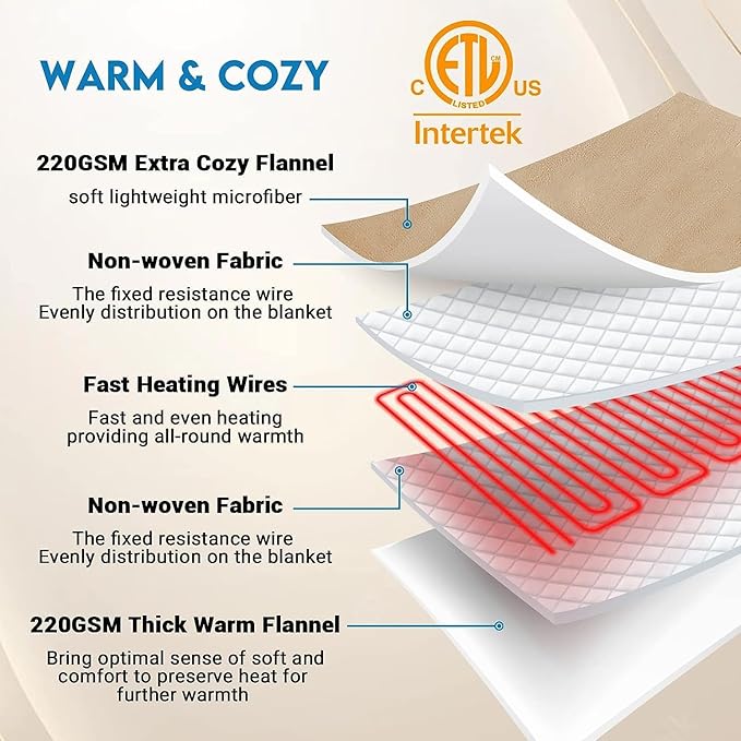 Electric Heated Blanket - 10 Heating Levels, Auto Off, Ultra Soft Overheat Protection, Queen Size 84" x 90", Beige