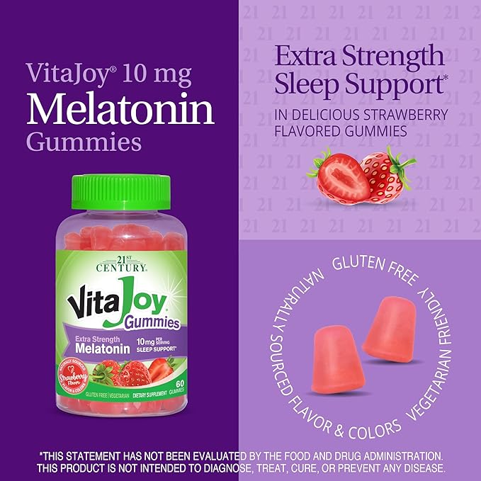 21st Century Healthcare VitaJoy Extra Strength Melatonin 10 mg Gummies, Strawberry, 60 Count, Red, 0.43 pounds, (Pack of 1)
