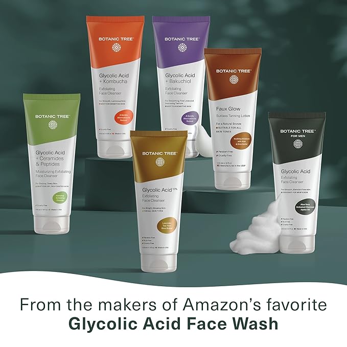 Botanic Tree Glycolic Acid Face Wash for Men - Facial Cleanser, Scrub - 10% Glycolic Acid with Activated Charcoal - 6 fl oz