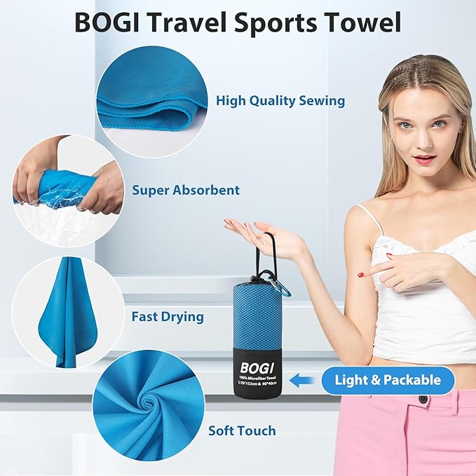 BOGI Microfiber Quick Dry Travel Sports Towel, Blue, 60"x30"+16"x16"