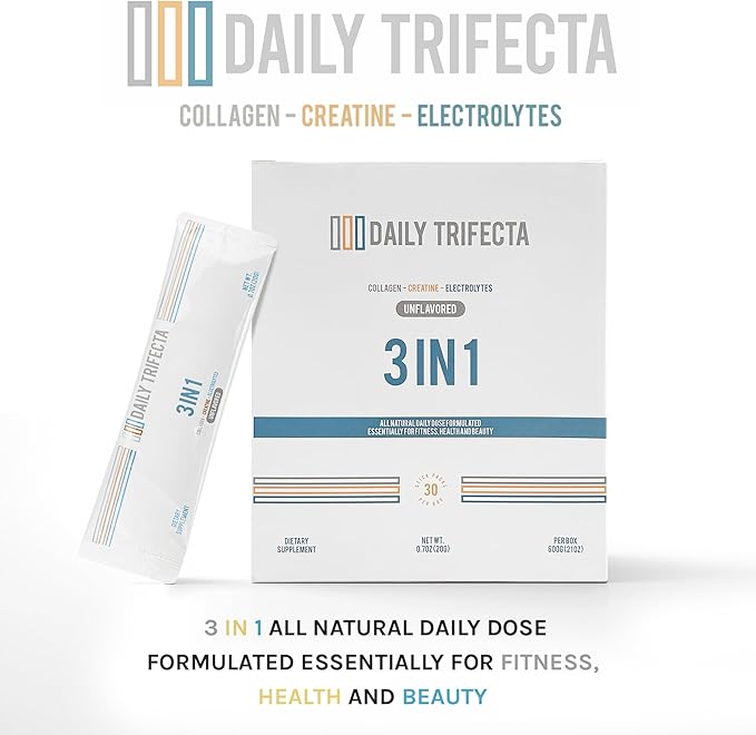 Daily Trifecta 3-in-1 Collagen, Creatine & Electrolyte Stick Packs | Type I Collagen, Creatine Monohydrate, Zero Sugar | 30 Natural Single-Serve Packets | Strength, Hydration & Recovery (Unflavored)