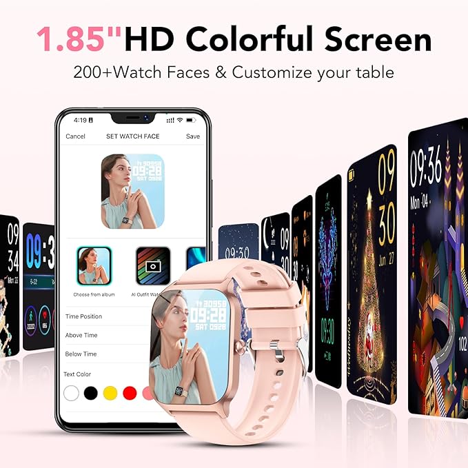 Smart Watch for Men Women, 1.85" HD Fitness Tracker with Bluetooth Calls/Messages, IP68 Waterproof, 115+Sports Modes, 24/7 Heart Rate/Sleep Fitness Watch Compatible with iOS/Android, Lotus Root Pink