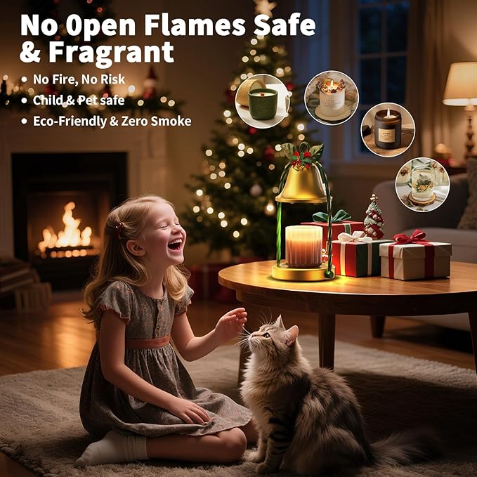 Christmas Candle Warmer Lamp - Gold Base with Green Accents, Bell-Shaped Shade, Adjustable Timer & 4 Dimming Modes, Flameless Heater for Candles Under 4 Inches, Festive Home Decor (Christmas)
