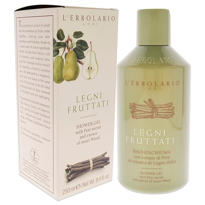 L'Erbolario Shower Gel – Nourishing and Moisturizing Body Wash - Woody Body Soap with Pear and Licorice for Sensitive Skin - Fruity Woods - 8.4 oz