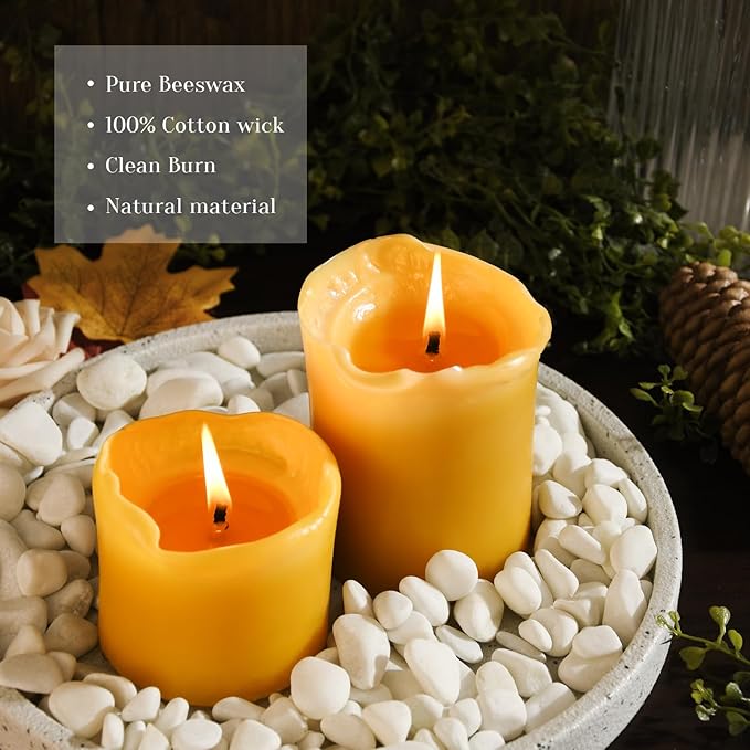 3x3 inch Natural Yellow Beeswax Pillar Candles - 3 Pack - 100% Pure Beeswax Candles, Long Burning, Unscented Smokeless & Dripless, for Emergency, Prayer, Home Decor, Relaxation