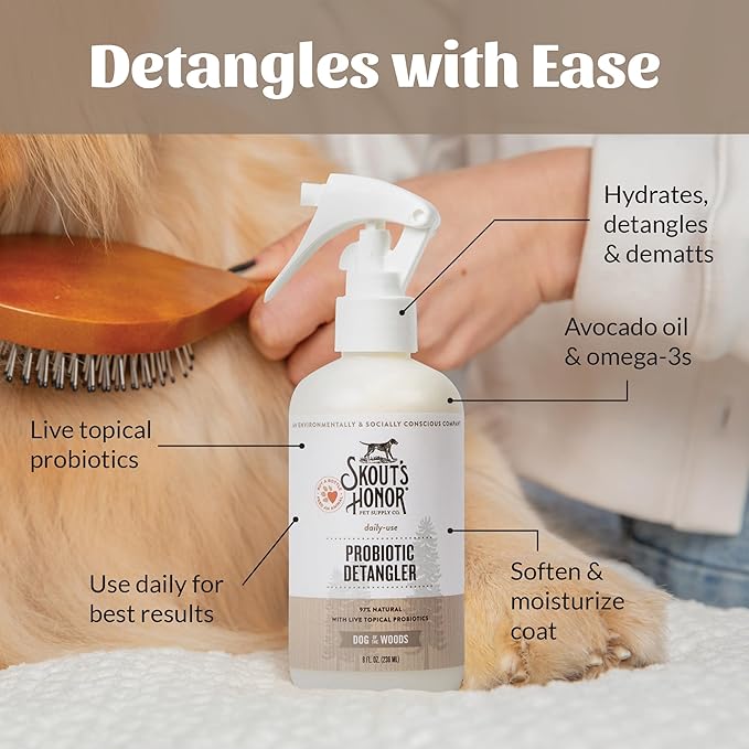 Skout's Honor Probiotic Pet Detangler Spray - Hydrating & Conditioning with Avocado Oil, 97% Natural, Paraben & Sulfate-Free, softens for a More brushable Coat, Daily Use, 8oz, Dog of The Woods