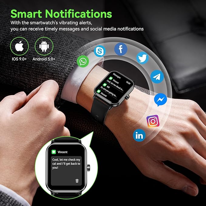 Smart Watch for Men Women, 1.85" HD Touchsreen Fitness Tracker, 120+ Sport Modes, 24/7 Heart Rate & Sleep Monitor, Pedometer, Calories, IP68 Waterproof, Fitness Watch for Android iPhone (Black)