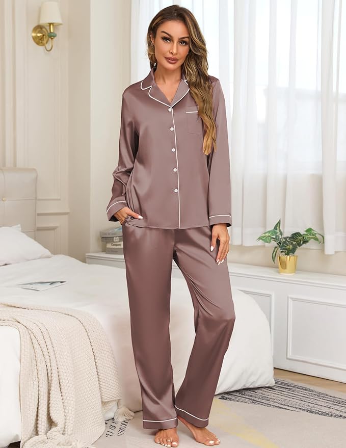 Veseacky Womens Satin Pajama Set Silk Pjs Button Down Long Sleeve Sleepwear Loungewear Sleepwear 2 Piece Pjs Set S-XXL