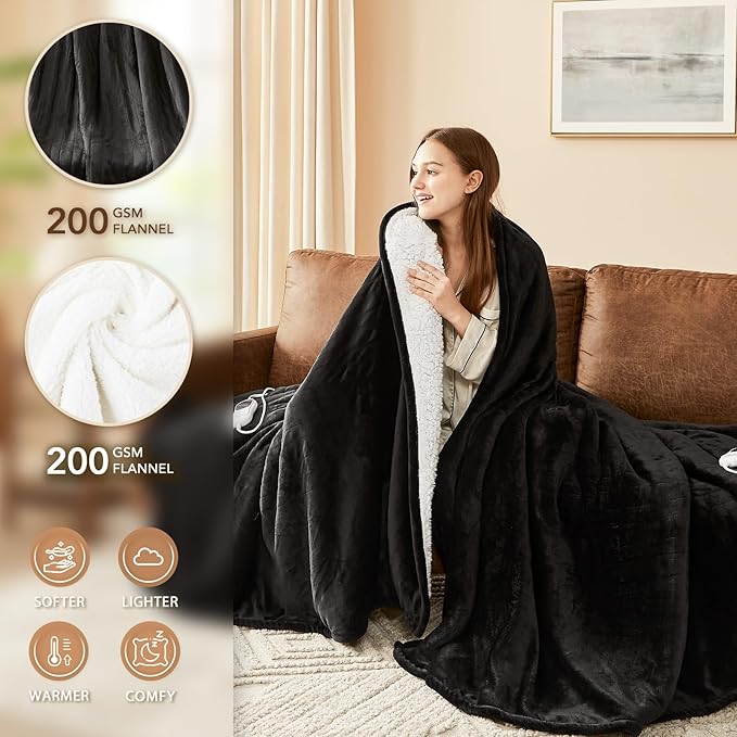 Homemate Electric Heated Blanket Full Size - 72"x84" Heated Bed Blanket Throw with 10 Heating Levels 8 Hours Auto Off Fast Heating Over-Heat Protection-Ultra Soft Flannel ETL Certified, Black