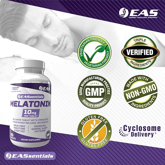 EAS Melatonin 10mg | Drug-Free Nighttime Sleep Aid | Immediate & Sustained Release Technology | Better Absorption with Cyclosome Delivery | 60 Tablets