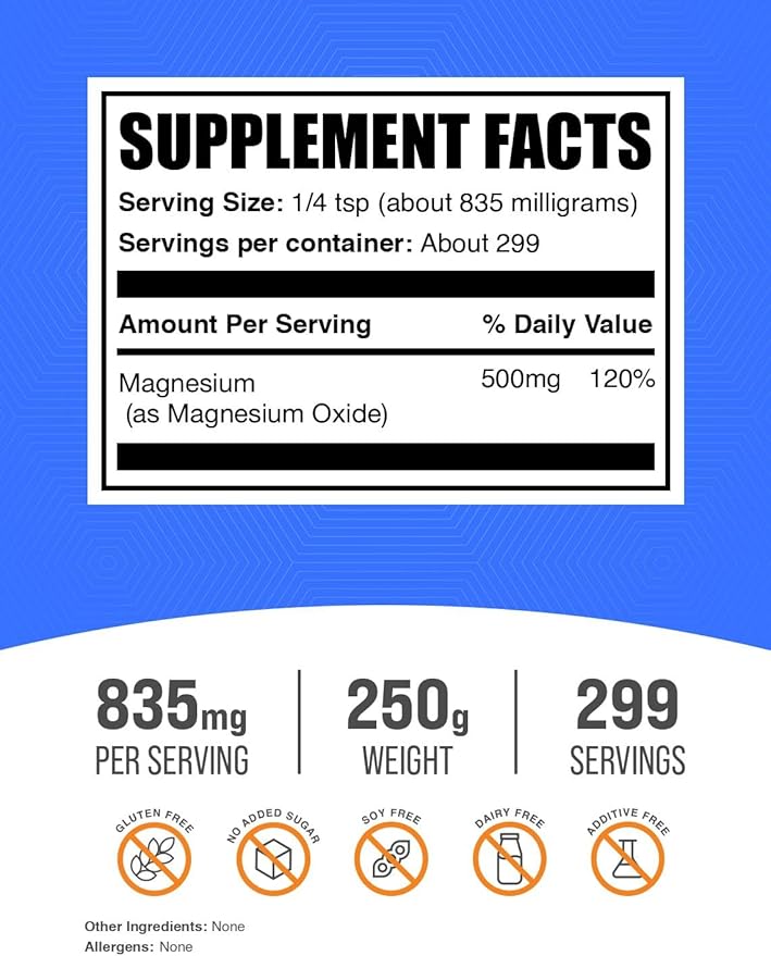 BulkSupplements.com Magnesium Oxide Powder - Magnesium Oxide Supplement, Mineral Supplement - Food Grade & Gluten Free, 835mg per Serving, 250g (8.8 oz) (Pack of 1)