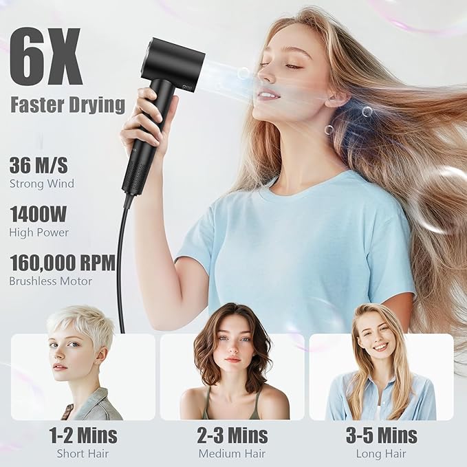 slopehill 160,000 RPM Professional Hair Dryer - 0.8lb Ultra-Lightweight, 6 Billion Ion Technology for 98% Frizz Reduction, AI Smart-Temp Control, Magnetic Attachments for All Hair Types