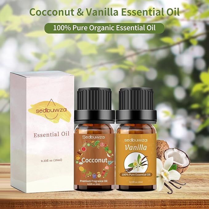 Sedbuwza Vanilla Coconut Essential Oil Set, Vanilla Fragrance Oil Coconut Scent Oil Set for Diffuser, Aromatherapy, Massage, Soap, Candle Making 2 x 10 ml