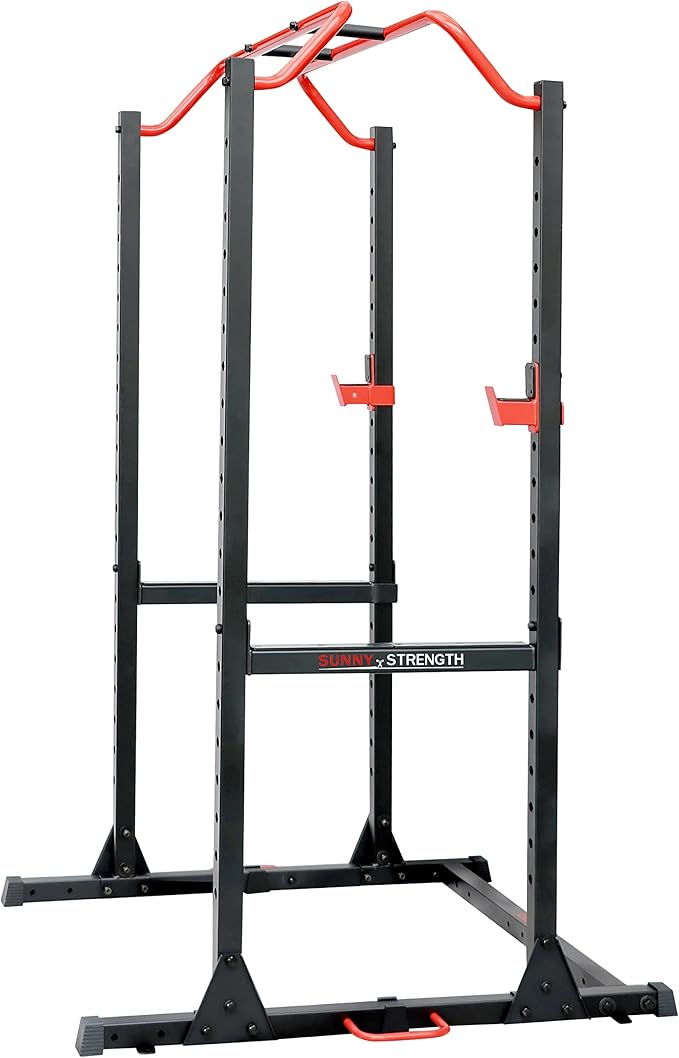 Sunny Health & Fitness Power Cage and Squat Rack In High Weight Capacity with J-Hooks, Adjustable Pull Up Bar, Weight Plate Holders, Resistance Band Posts