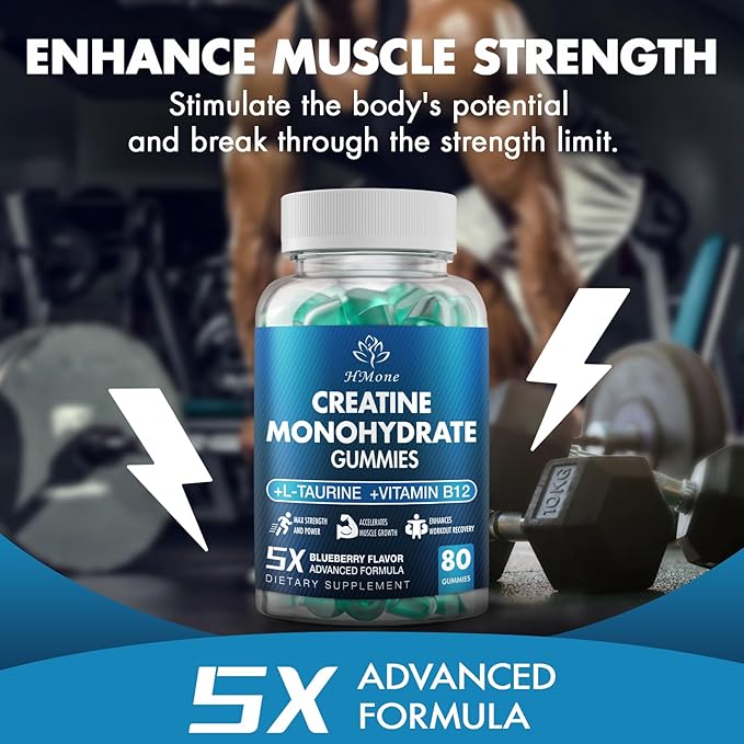 Creatine Monohydrate Gummies - 5g for Men & Women, 160 Count and Creatine Chewable Supplements for Muscle Gain, Muscle Strength, Energy Boost, and Muscle Builder, Sugar Free, Vegan (Blueberry)