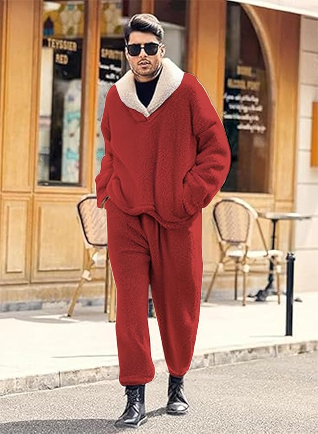 Peaceglad Mens Fluffy Coral Fleece Pajamas Set Pullover Pants Loose Plush Warm Loungewear Sleepwear