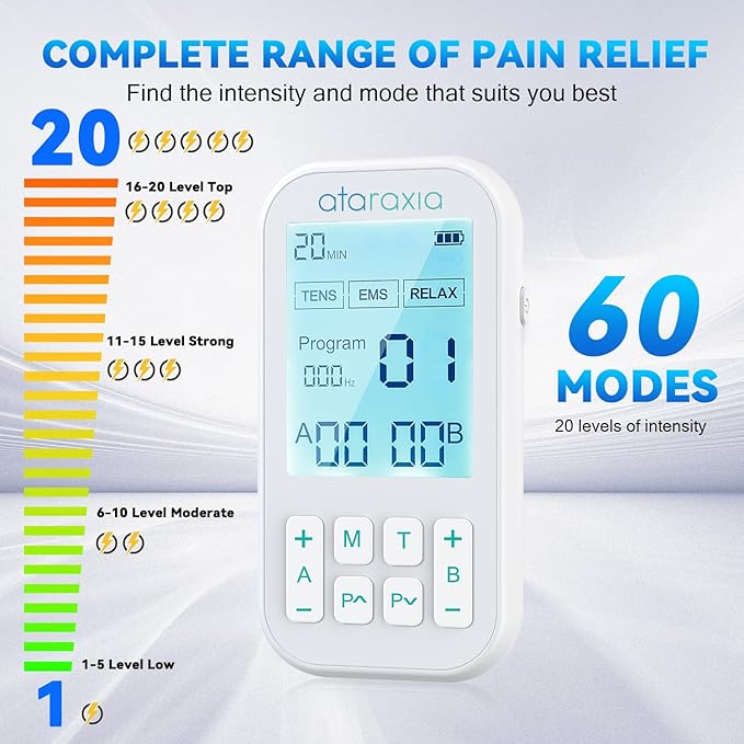 TENS Unit Muscle Stimulator, 3-in-1 EMS Massager Machine, Masajeador Muscular Electrico with 60 Modes, for Gradual Shoulder, Sciatica, Muscle Relaxation,Relieve Back Pain, with 12 TENS Pads