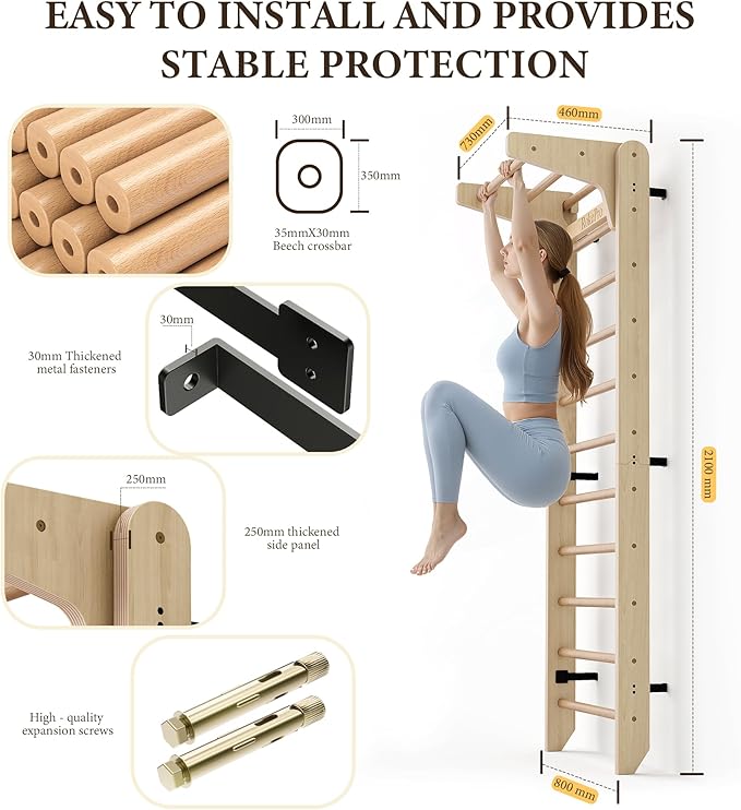 Multi-Function Gymnastics Swedish Ladder,Wall Mounted Wooden Gymnastics Bar,Indoor Home Gym for Kids & Adults
