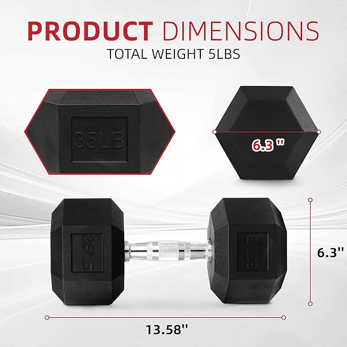 Rubber Encased Hex Weights Dumbbells Set of 5 – 50 lb Pair | Cast Iron Hand Weights with Anti-Slip Grip for Home Gym Strength Training