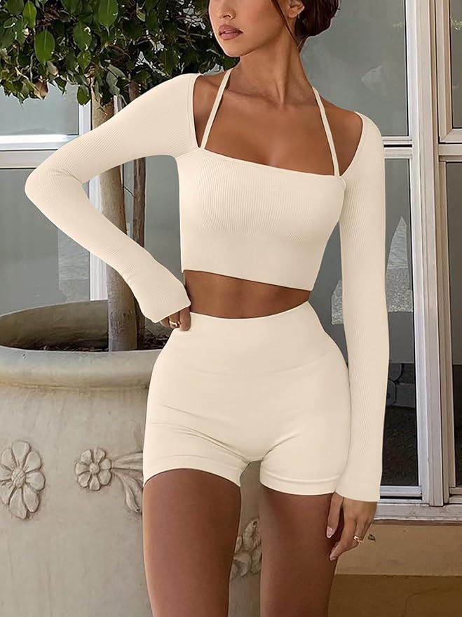 LASLULU Womens Sexy Square Neck Crop Top Ribbed Seamless Long Sleeve Workout Tops Halter Neck Athletic Yoga